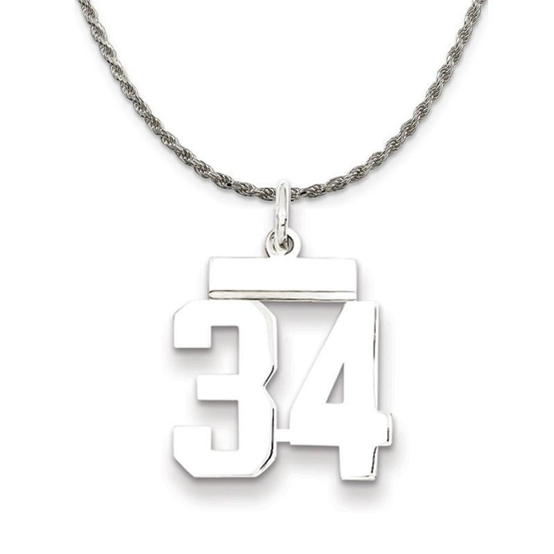 Sterling Silver Athletic Lg Polished Number 34 Necklace - 24 Inch